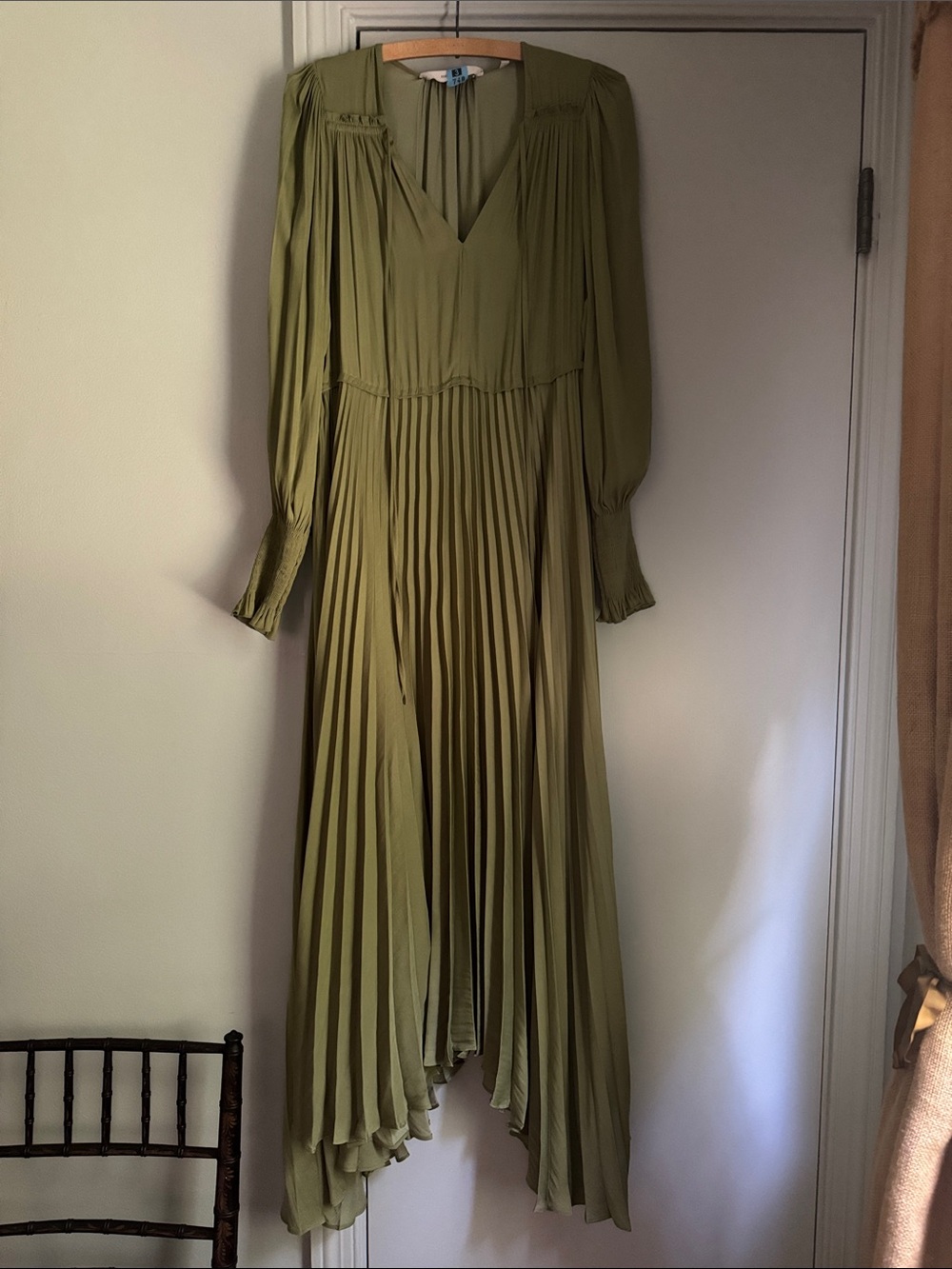 Rebecca Taylor Olive Green Pleated Long-Sleeve Maxi Dress satin XS